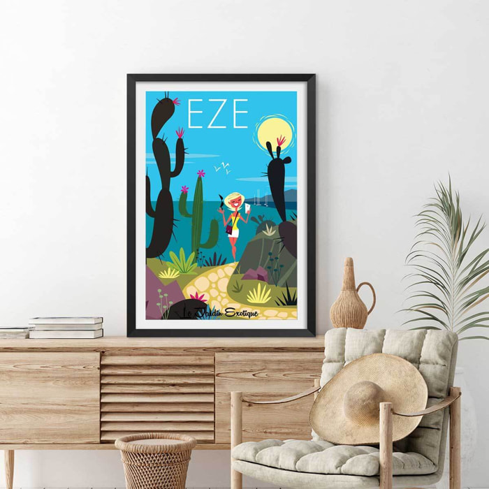 Poster de jardin exotique d' eze Affiche + cadre en bois - Noir
