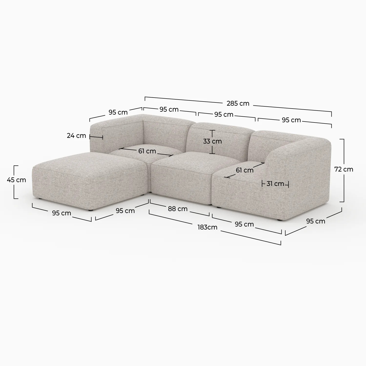 Canapé modulable en tissu beige 3 places avec pouf - Hestia