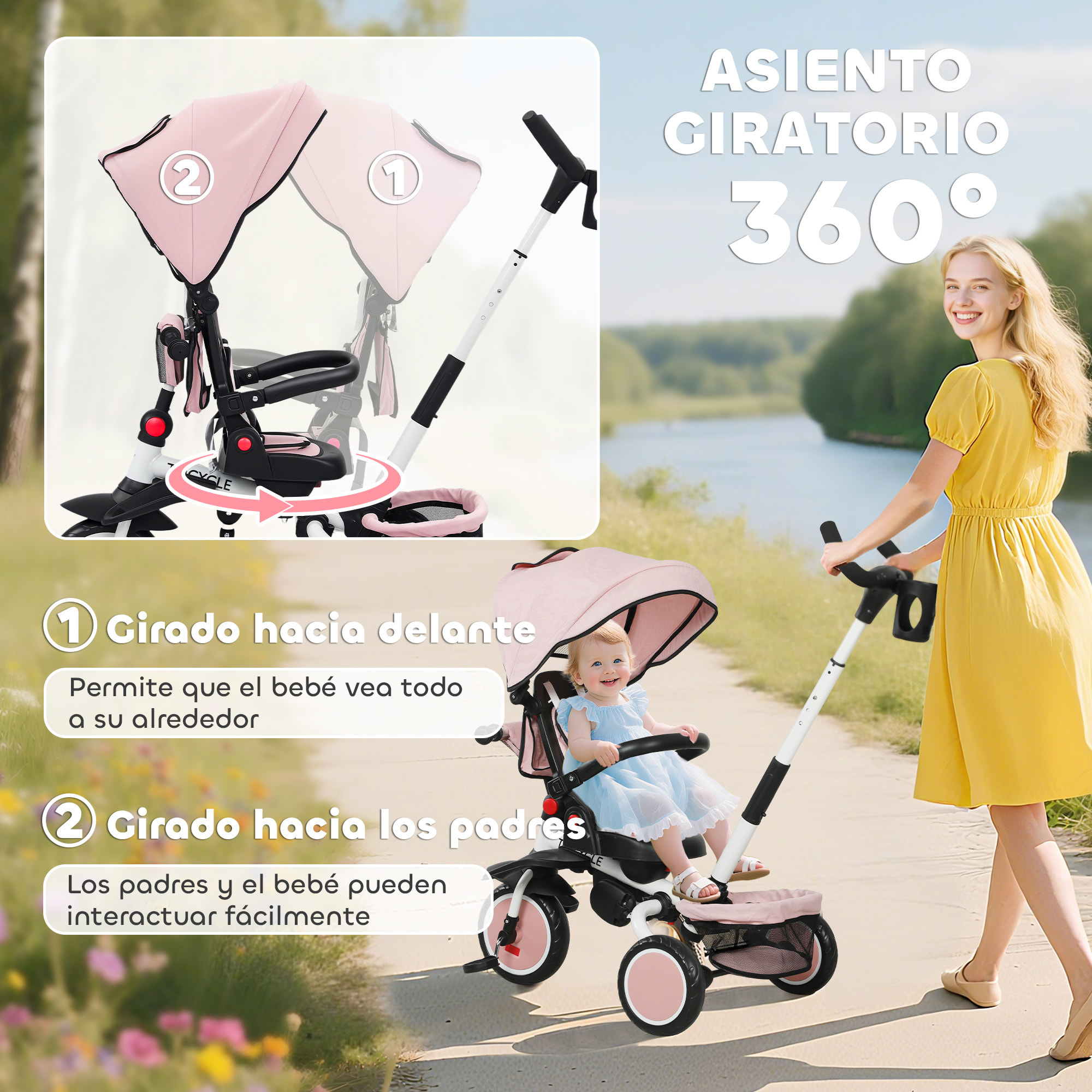 Triciclo Evolutivo 6 en 1 Plegable, Bicicleta para Niños de 1-5 Años, Asiento Giratorio de 360°, Respaldo Reclinable, con Toldo, Pedales, Barra de Empuje, Portavasos, Cesta, Reposapiés, Rosa
