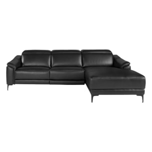 Sofá chaise longue relax derecha de 5 plazas tapizado en piel de vacuno en negro con reposacabezas patas de acero inoxidable en negro mate 272x168x96cm