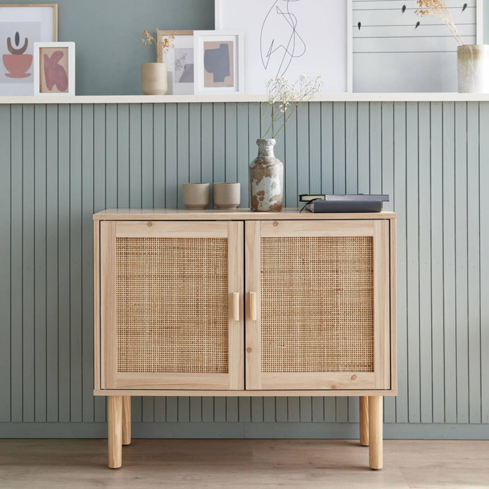 Buffet en décor bois et cannage - Camargue - 2 portes. 80x30x68cm