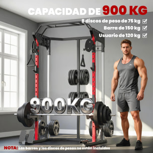 SPORTNOW Jaula de Potencia Musculación con Sistema de Poleas Ajustable, Rack para Sentadillas con Barra de Dominadas, Estación de Fondos, Soporte Barra, para Casa en Gimnasio, Carga 900 kg
