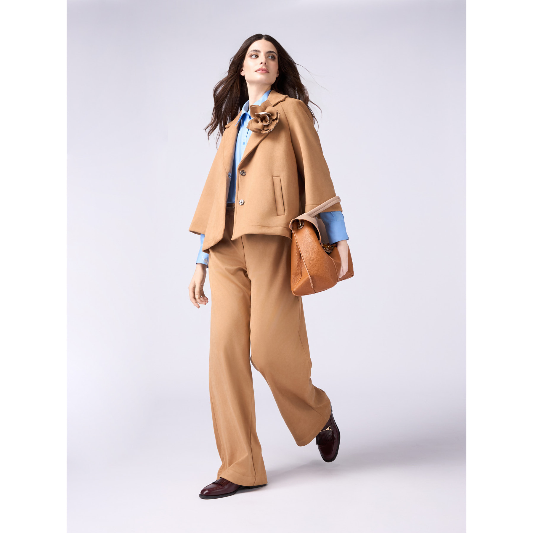 Oltre - Pantaloni palazzo effetto scamosciato - Beige