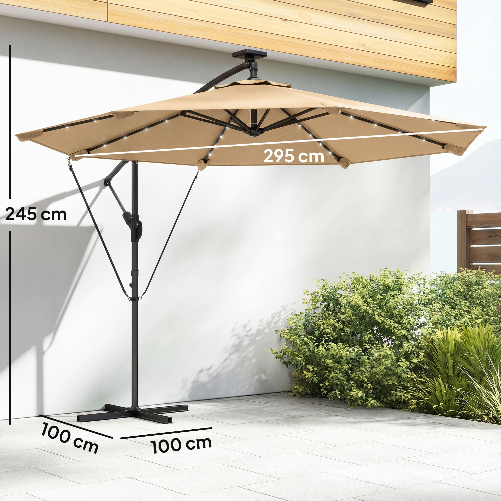 Parasol Excéntrico con Luces LED Solares, Ø330 cm, Sombrilla de Jardín con Base Cruzada, Manivela, Funda Protectora y Cuerda de Viento, Anti-UV 50+, para Terraza, Patio, Caqui