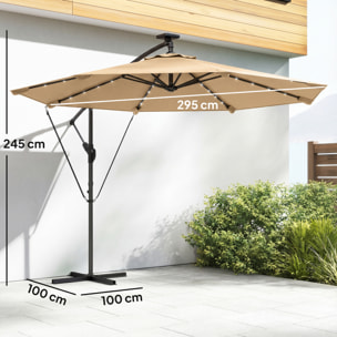 Parasol Excéntrico con Luces LED Solares, Ø330 cm, Sombrilla de Jardín con Base Cruzada, Manivela, Funda Protectora y Cuerda de Viento, Anti-UV 50+, para Terraza, Patio, Caqui