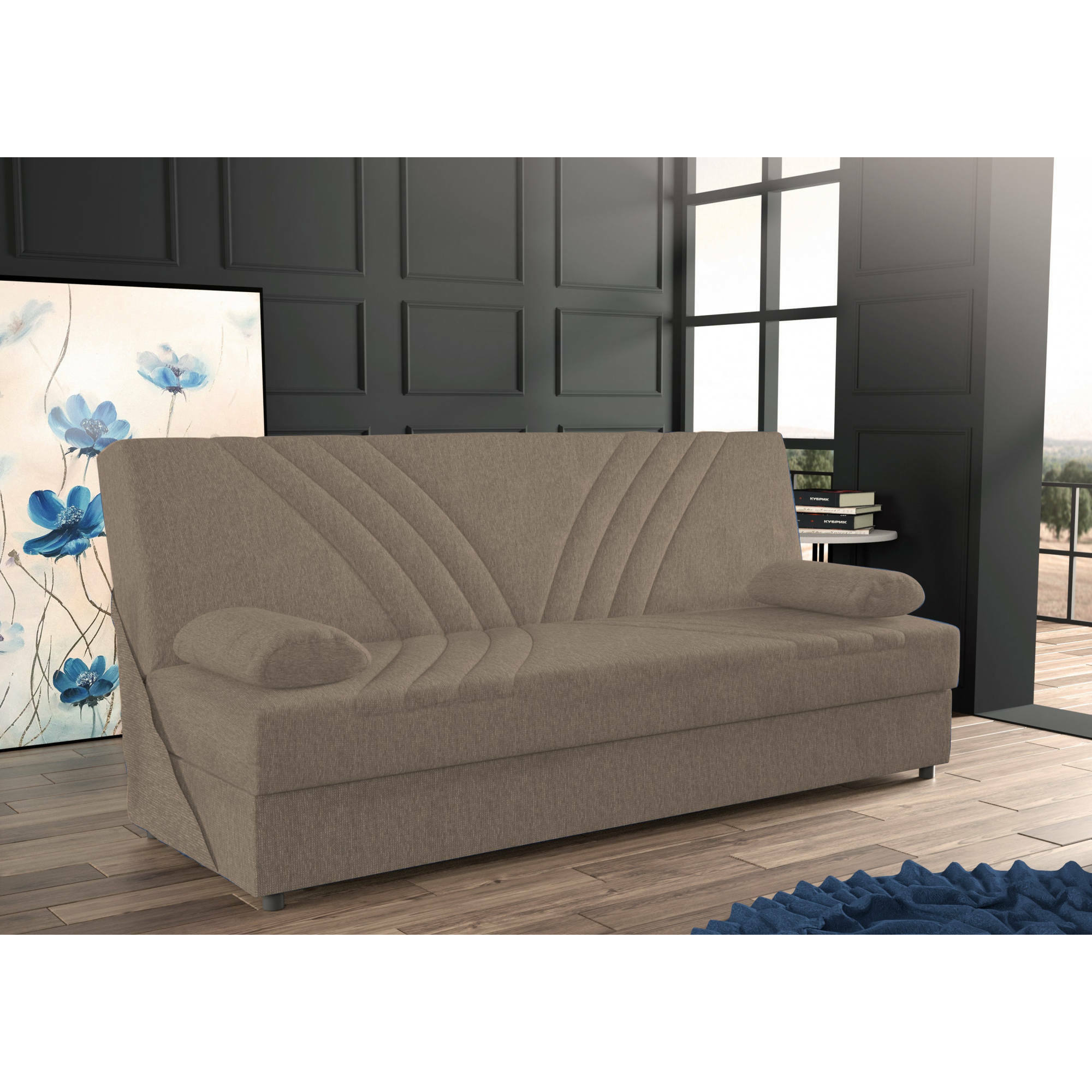 Divano letto Ramon, Divano letto contenitore a 3 posti con 2 cuscini inclusi, Sofà da soggiorno in tessuto imbottito con apertura click-clack, Cm 181x81h88, Beige