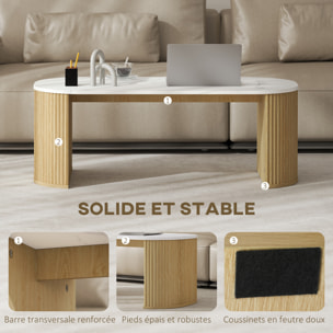 Table basse design ovale effet marbre blanc dim. 110 x 50 x 40 cm aspect bois clair