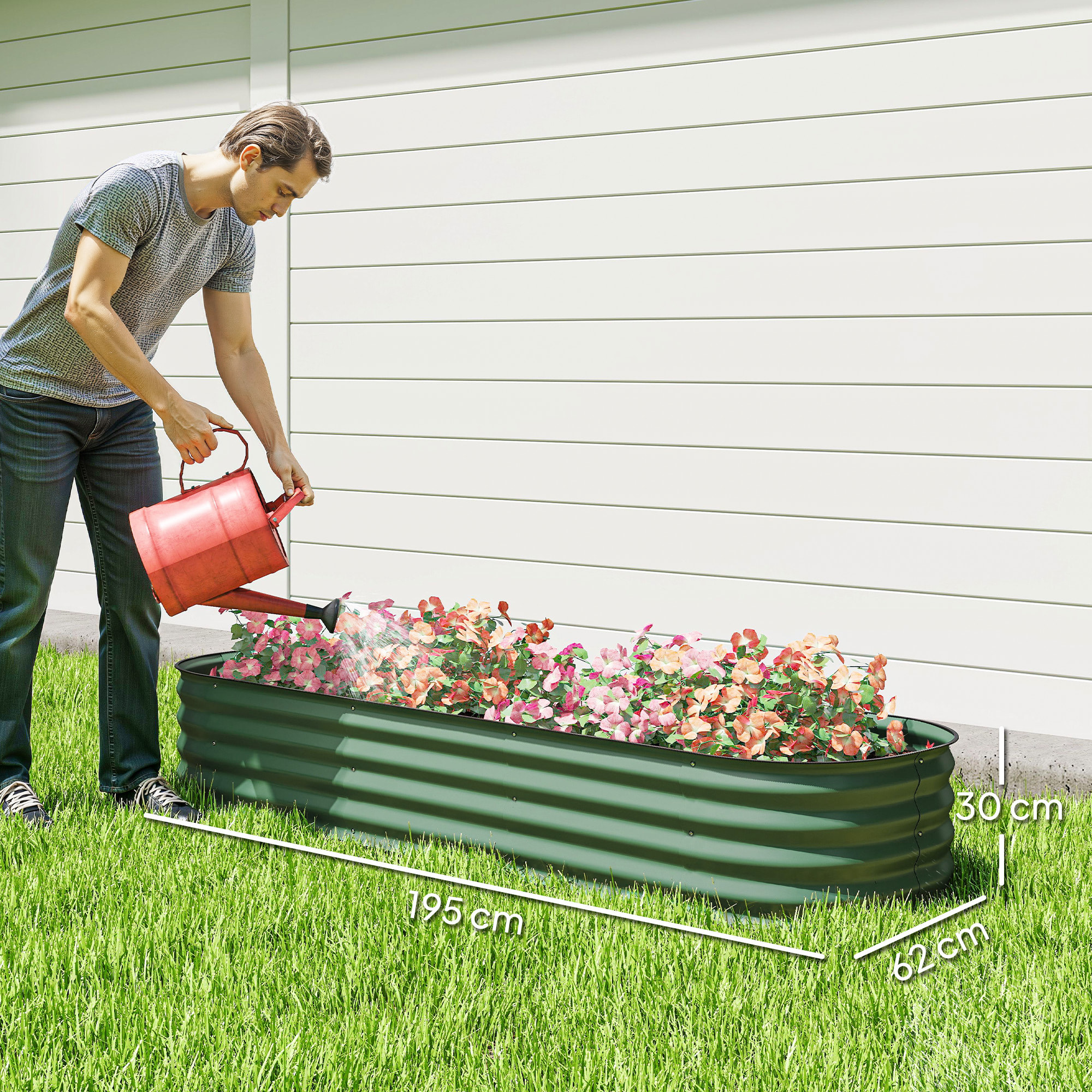 Carré potager de jardin dim. 195L x 62l x 30H cm modulable tôle d'acier ondulée vert