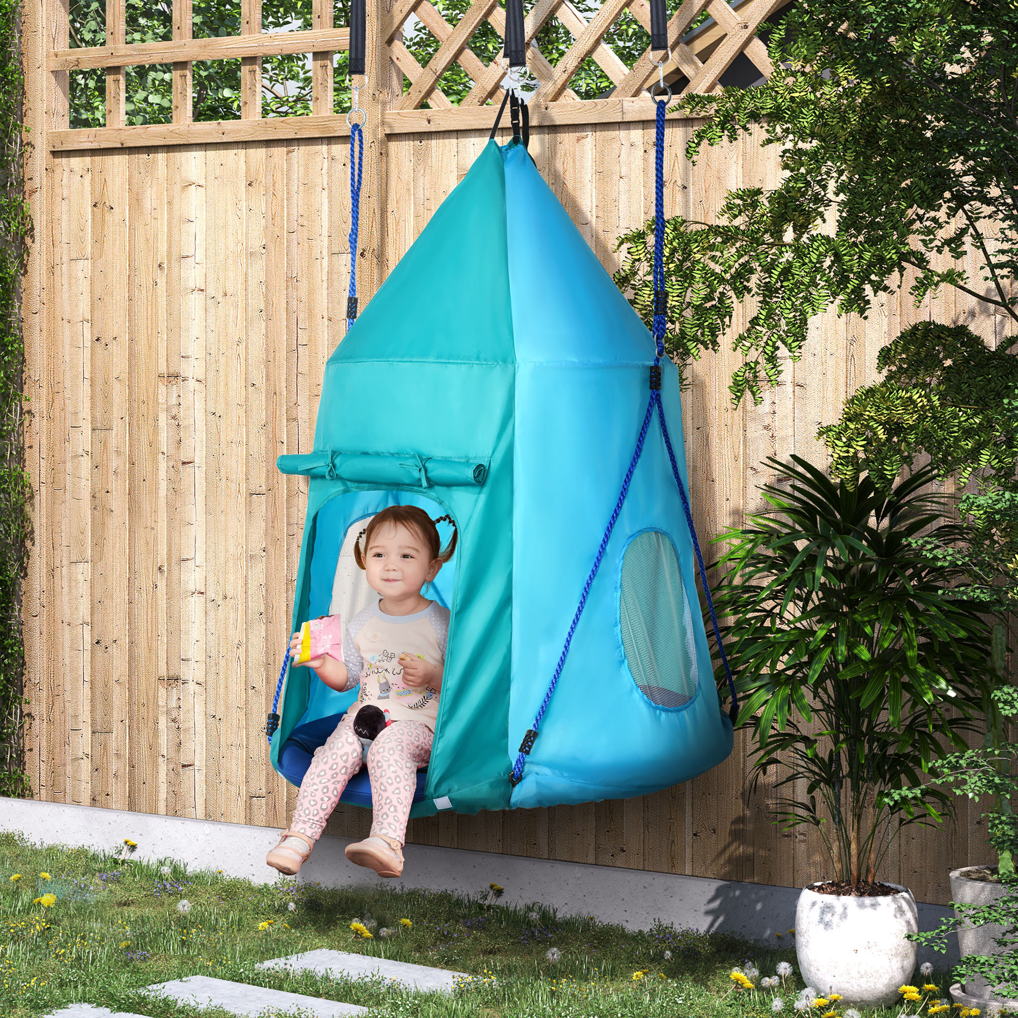 Balançoire nid d'oiseau ronde balançoire panier Ø 1,1 x 1,5H m - tente amovible incluse - accessoires inclus bleu
