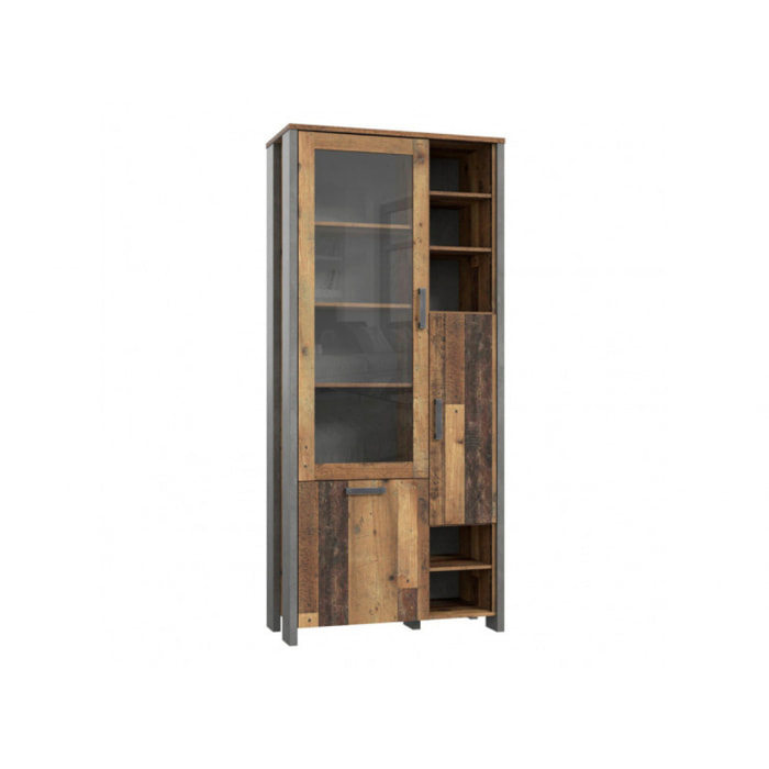 Vitrine en bois avec porte vitrée H205cm effet bois vieilli - FRED