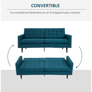 Canapé convertible 2 places design contemporain dossier inclinable indépendamment 3 positions lin bleu canard