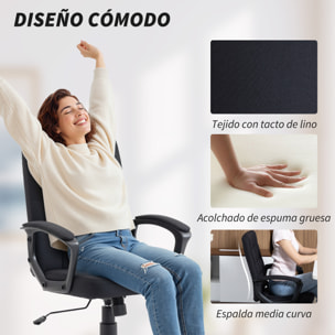 Silla de Oficina, Silla de Escritorio Giratoria, Tapizada en Lino Sintético, Altura Ajustable, Basculante, Respaldo Medio, con Reposabrazos, Ruedas, Negro