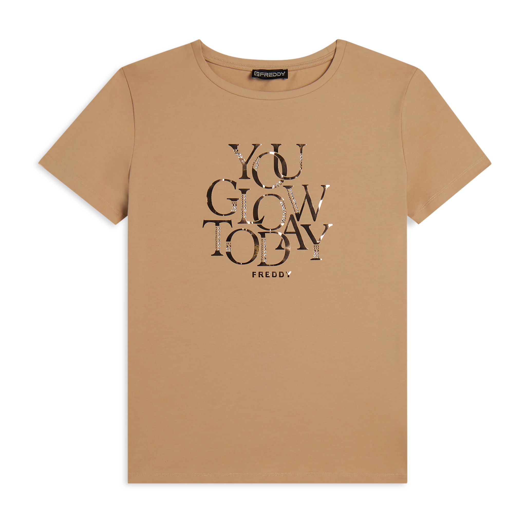 T-shirt con strass “You Glow Today”