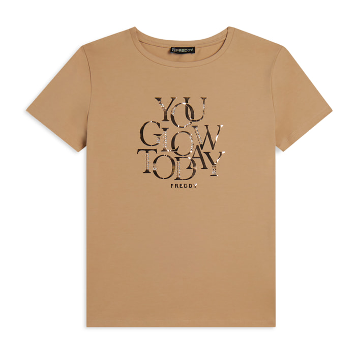 T-shirt con strass “You Glow Today”