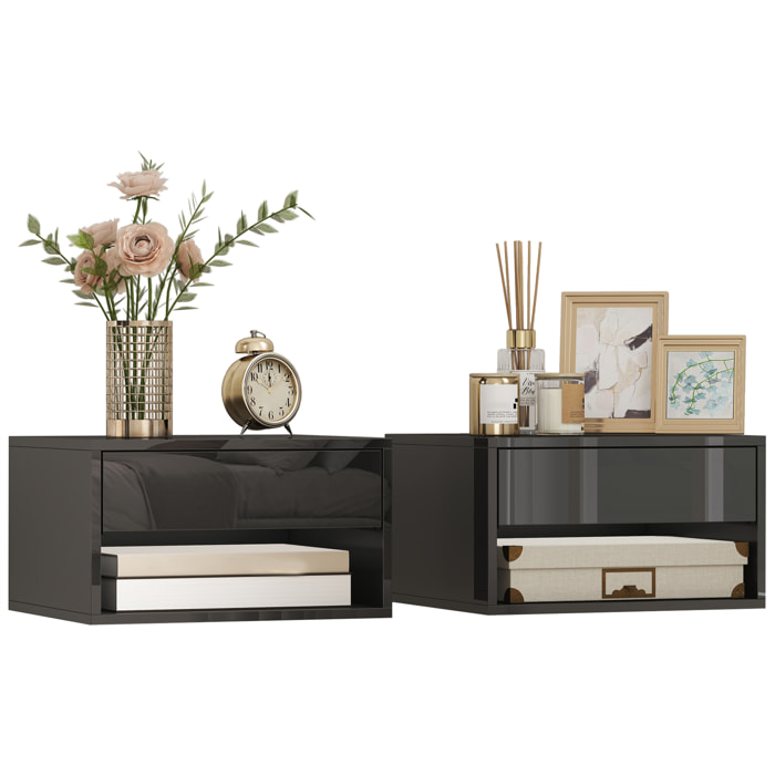 Juego de 2 Mesitas de Noche Flotantes, Mesillas de Noche con Cajón, Estante Abierto, para Dormitorio, Salón, 37x32x21 cm, Negro Brillo