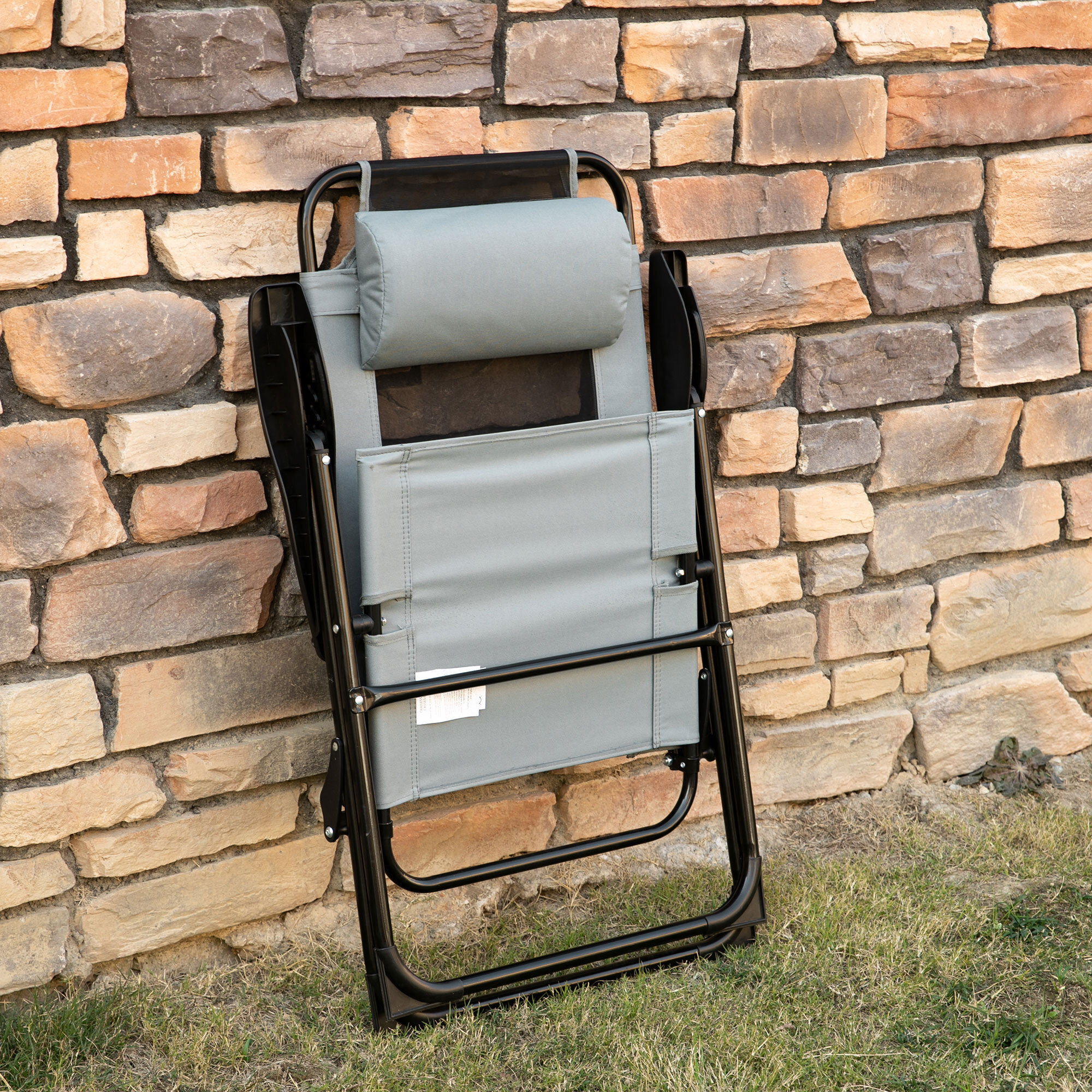 Lot de 2 chaises de jardin camping pliables - dossier inclinable 5 positions - tétière incluse - acier époxy oxford textilène gris
