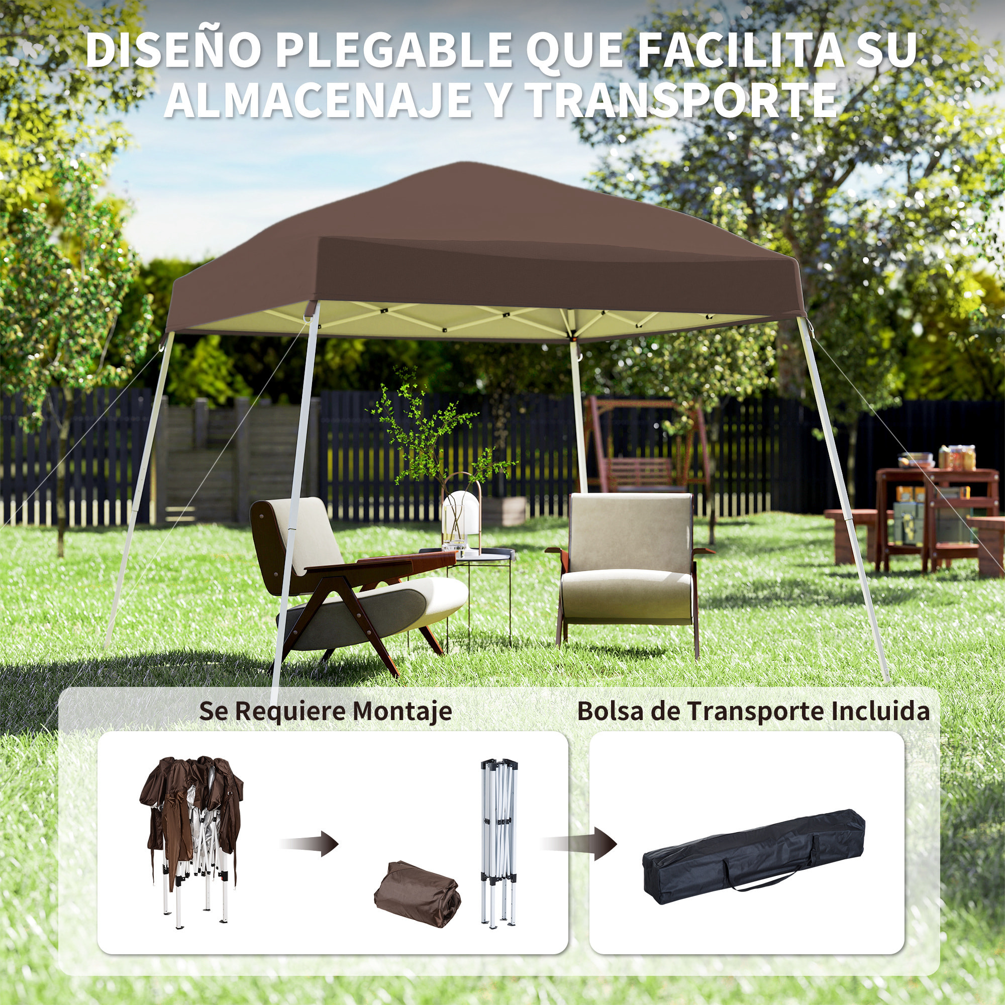 Carpa Plegable 3x3 m, Pop-up, Cenador Pabellón de Jardín, Altura Ajustable con Bolsa de Transporte, Anti-UV, Impermeable, Gazebo para Camping, Fiestas, Exterior, Café