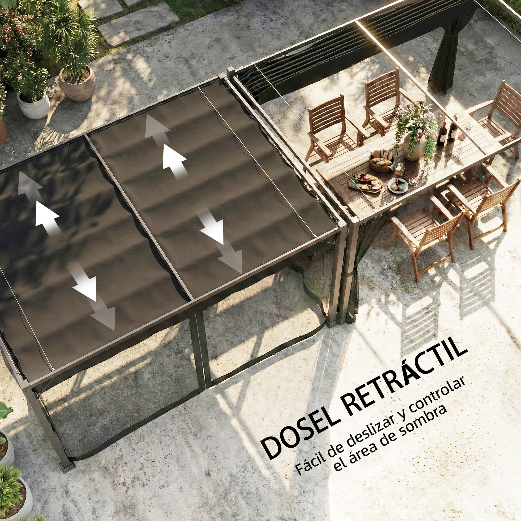Pérgola de Jardín 3x4 m con Techo Retráctil y 4 Paredes Laterales de Malla, Cenador de Jardín con Estructura de Aluminio, UPF30+, Pabellón para Exterior, Patio, Terraza, Gris Oscuro