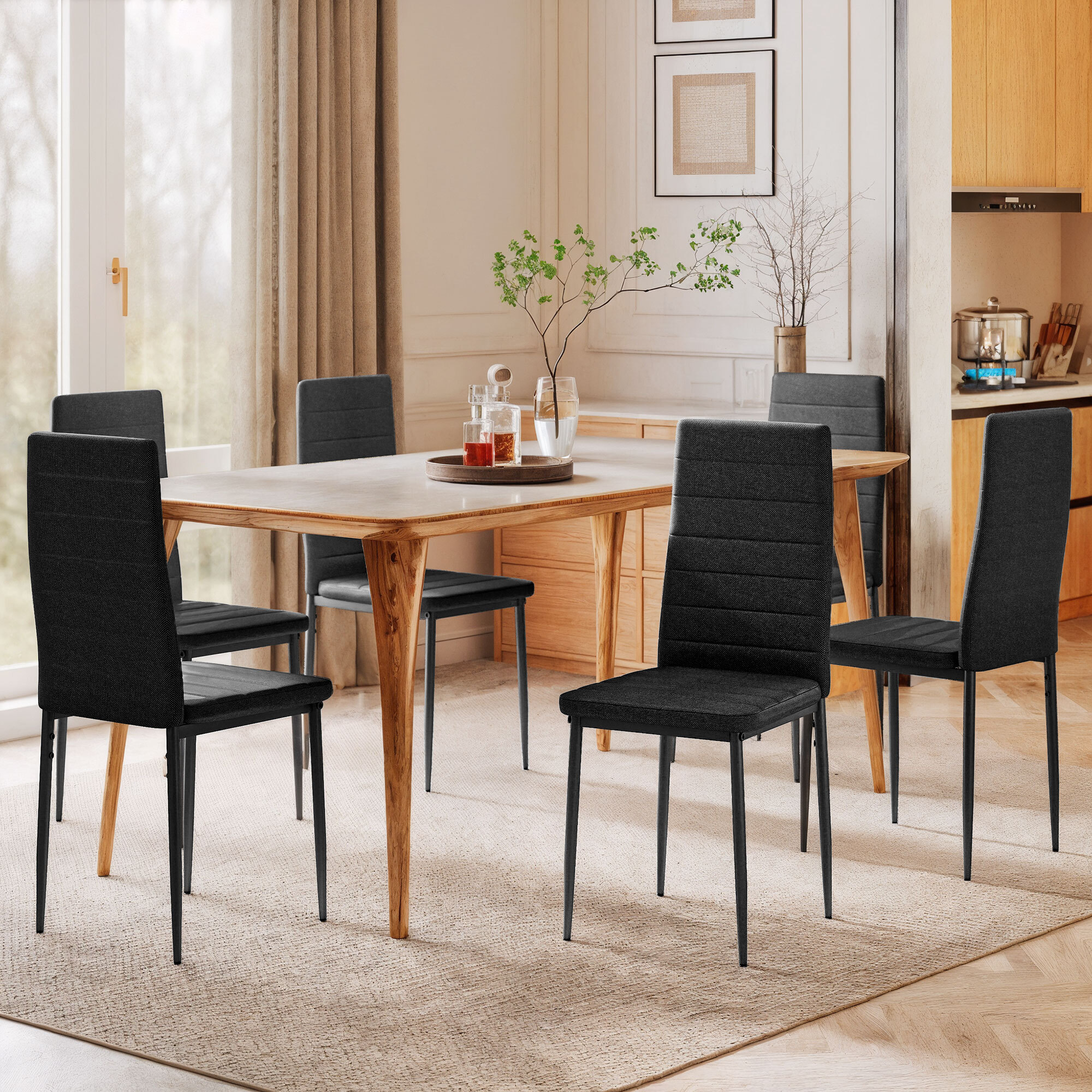 Pack de 6 Sillas de Comedor Modernas, Sillas de Cocina Tapizadas en Lino Sintético con Respaldo Alto y Patas de Metal, para Salón, Negro