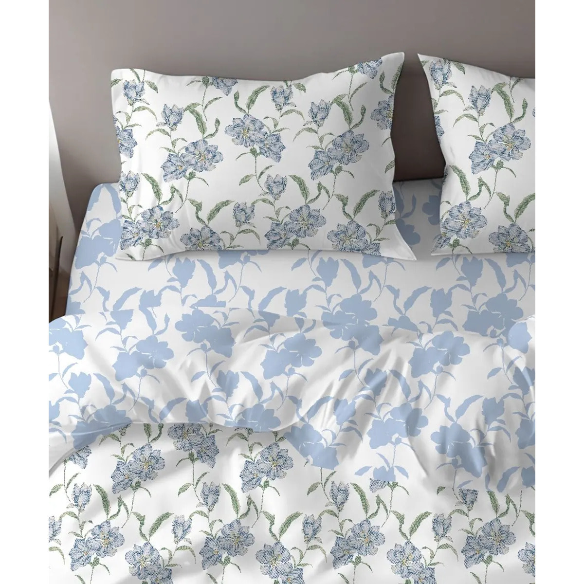 Parure Copripiumino Magnolia Azzurro per letto singolo in 100% Cotone e Made in Italy, moderno floreale