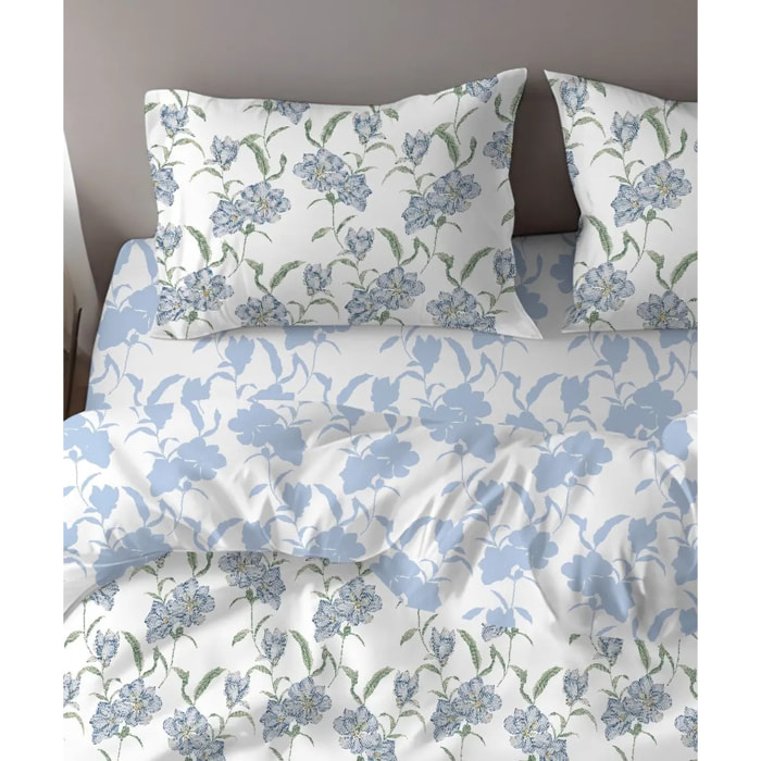 Parure Copripiumino Magnolia Azzurro per letto singolo in 100% Cotone e Made in Italy, moderno floreale