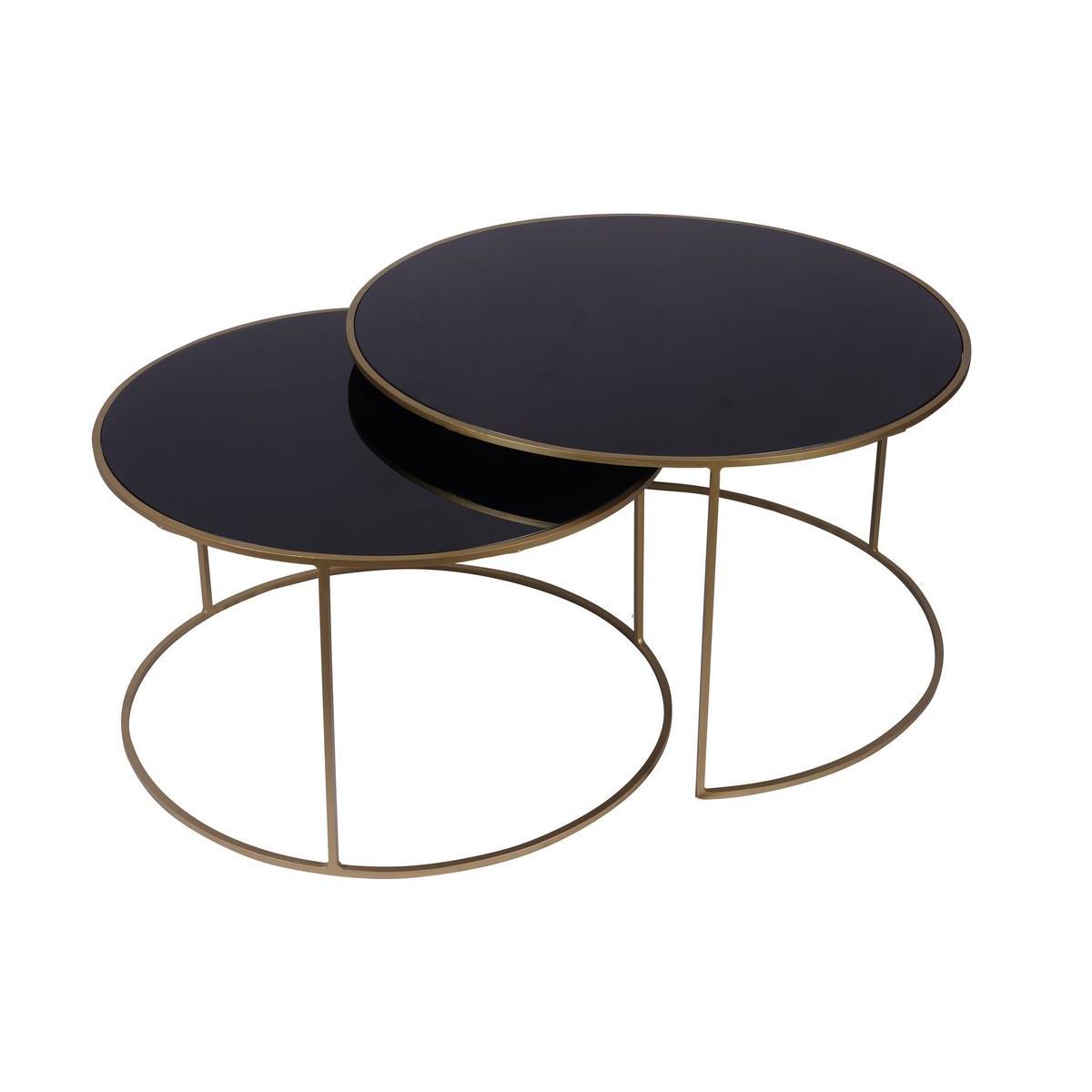 Tables basses gigognes rondes design métal doré et verre teinté noir (lot de 2) ROXO