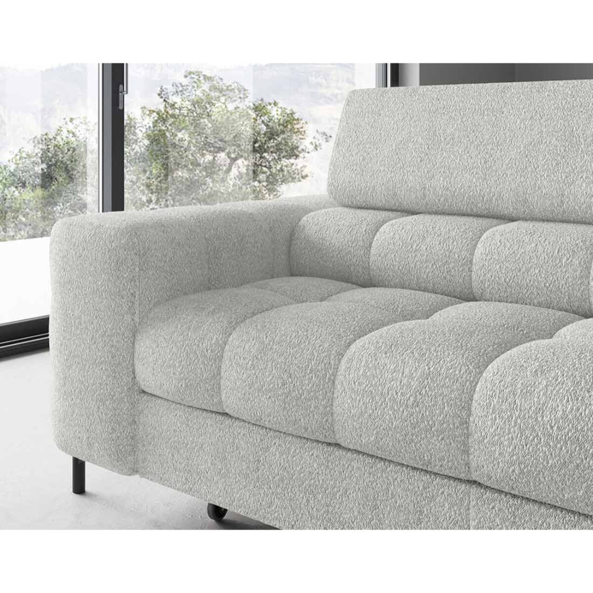 Elisa - canapé d'angle droit 5 places convertible avec coffre et têtières réglables en tissu bouclette - Gris clair