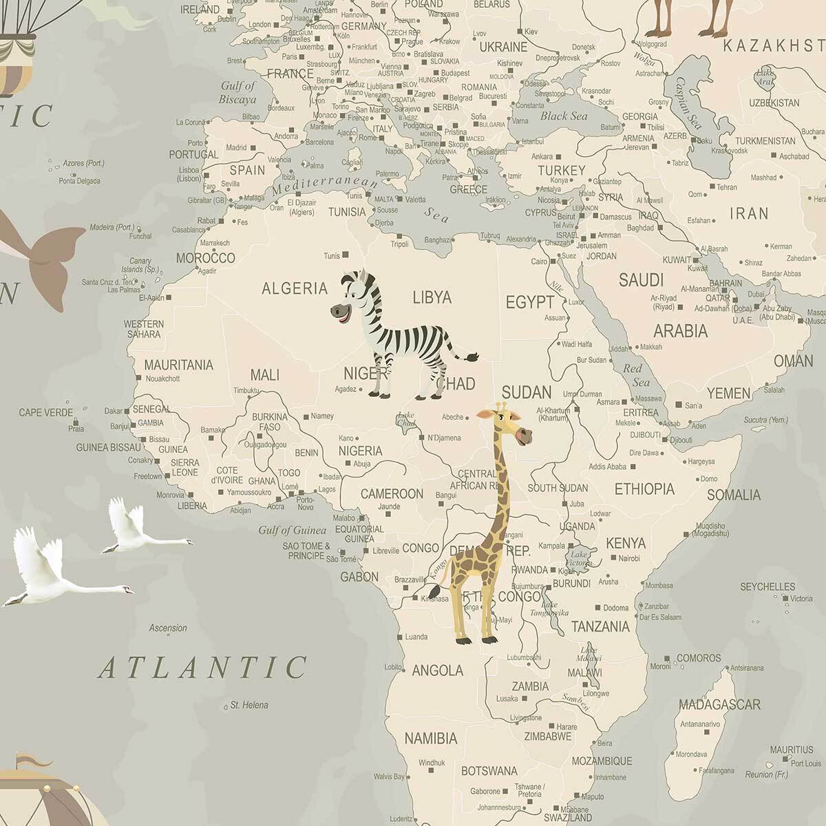 Tableau enfant carte du monde avions et montgolfières - 80x50 cm Toile imprimée