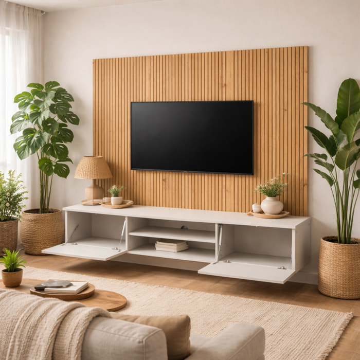Parete Attrezzata Moderna Con Pannello Listellato Per Tv Mobile 2 Ante Ribalta E Un Vano A Giorno 200 x 35 x 148 Cm Grigio E Rovere