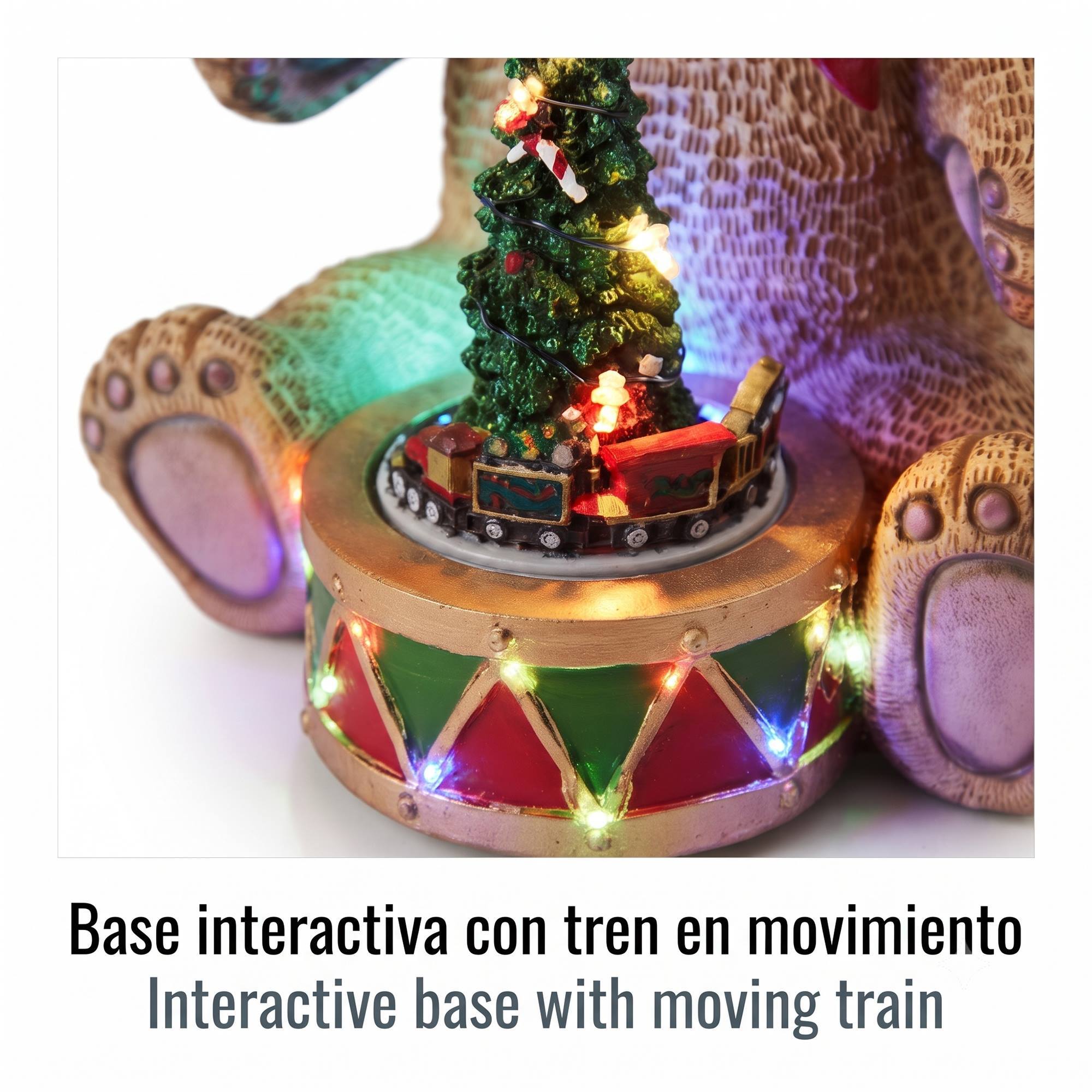 Oso navideño decorativo con tambor, luces led, movimiento y música con 8 villancicos, con usb incluido 19x19x25 cm
