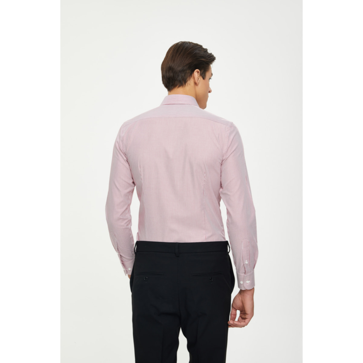 Camicia Uomo 1 Bottone Francese Slim Cotone Riga Stretta Rosso Bordeaux/Bianco