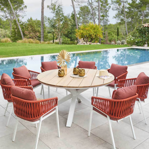 Table de jardin ronde "Oriengo" acacia  & blanc 8 places en aluminium traité époxy