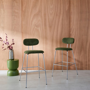 2 tabourets de bar décor bois courbé teinté noyer et tissu déperlant kaki. pieds métal chromé - L 44 x P 51 x H 103cm - Erin