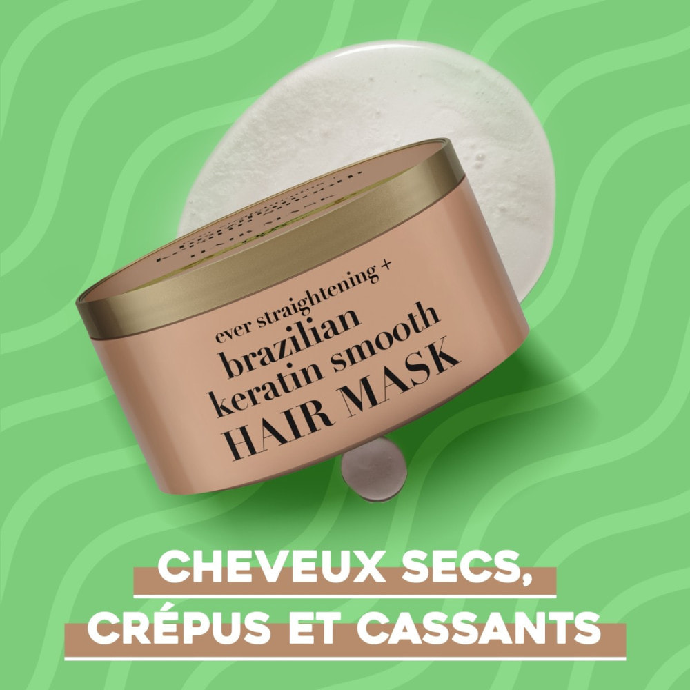 OGX Masque pour les cheveux lissant à la kératine brésilienne, 300ml – Masque capillaire pour régénérer les cheveux et faciliter