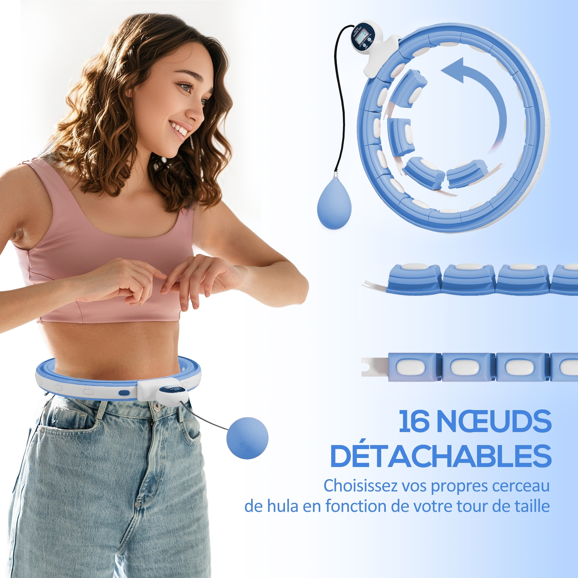 Hula Hoop fitness réglable dia. 76-113 cm - picots massage intégrés, segments amovibles - blanc bleu