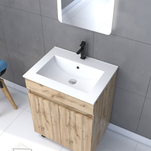 Meuble salle de bain 60x80 - Finition chene naturel - vasque blanche + miroir Led - TIMBER 60