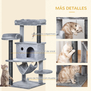 Árbol Rascador para Gatos 48x48x107 cm con Cueva de Fieltro Desmontable Hamaca Camas de Felpa Múltiples Plataformas Postes Rascadores de Sisal y Juguetes Gris