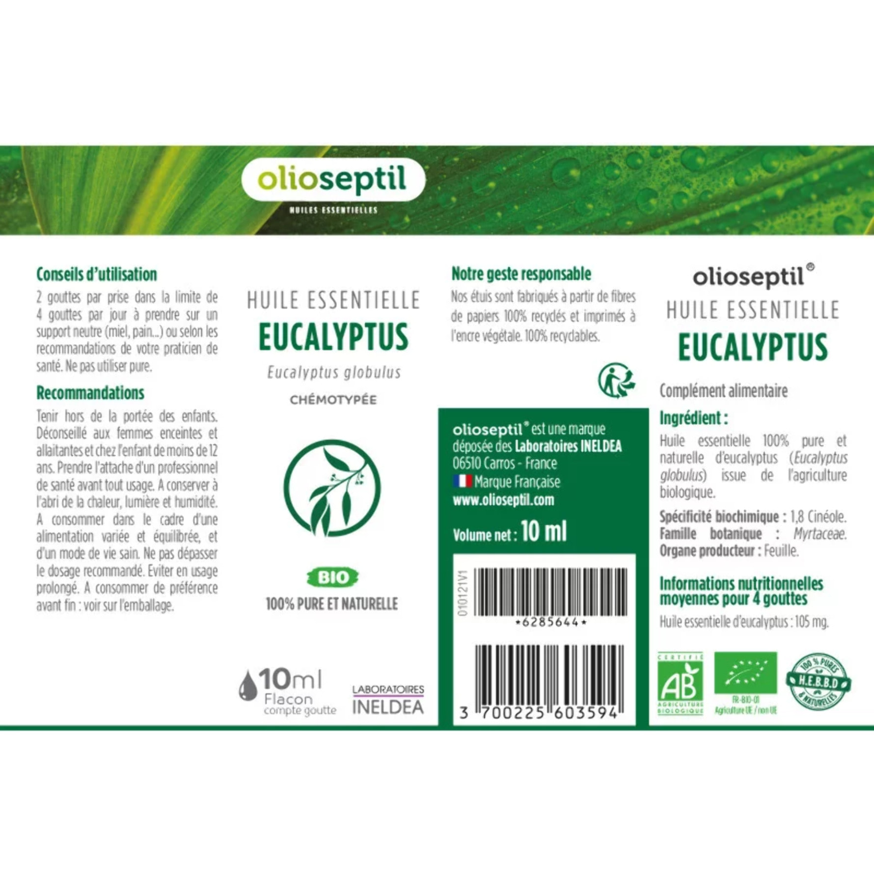 OLIOSEPTIL - Huile essentielle d'Eucalyptus Globulus - 100% Pure et naturelle - BIO - HEBBD (biochimiquement et botaniquement définie) - 100% origine naturelle - Lot de 3 Flacons 10ml