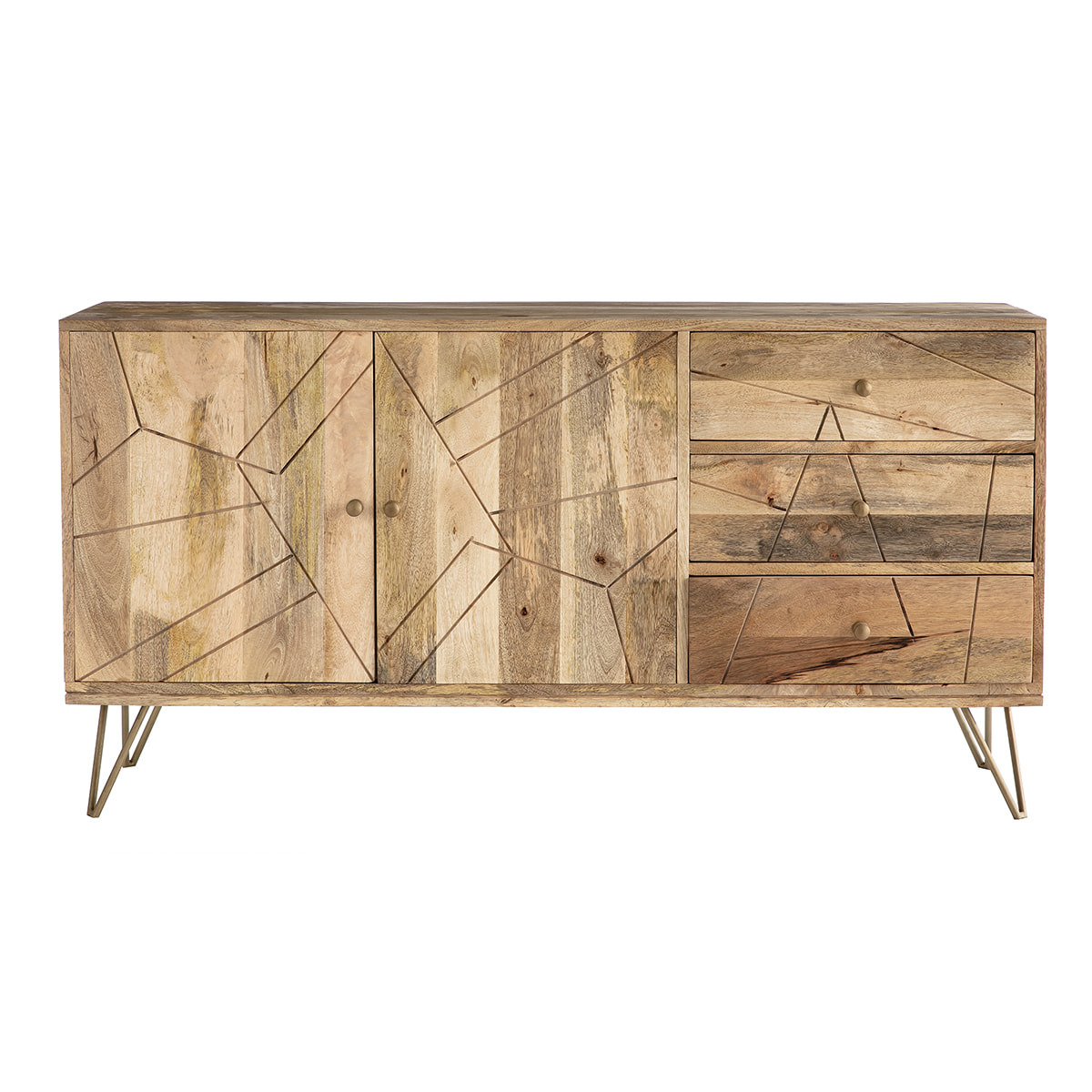 Buffet gravé en bois manguier massif et métal doré 2 portes 3 tiroirs L145 cm LINIUM