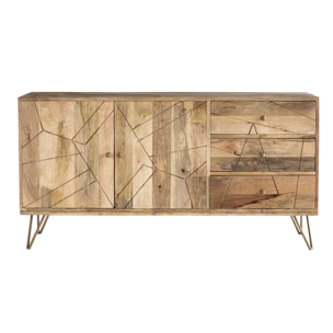 Buffet gravé en bois manguier massif et métal doré 2 portes 3 tiroirs L145 cm LINIUM
