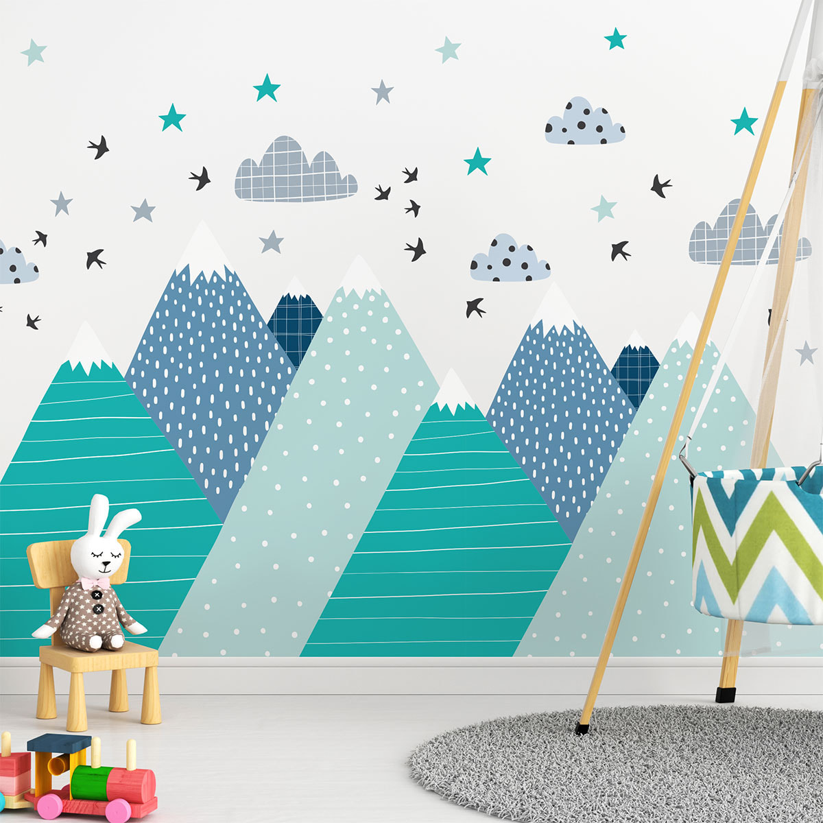 Stickers muraux enfants - Décoration chambre bébé - Autocollant Sticker mural géant enfant montagnes scandinaves JEREMIKA