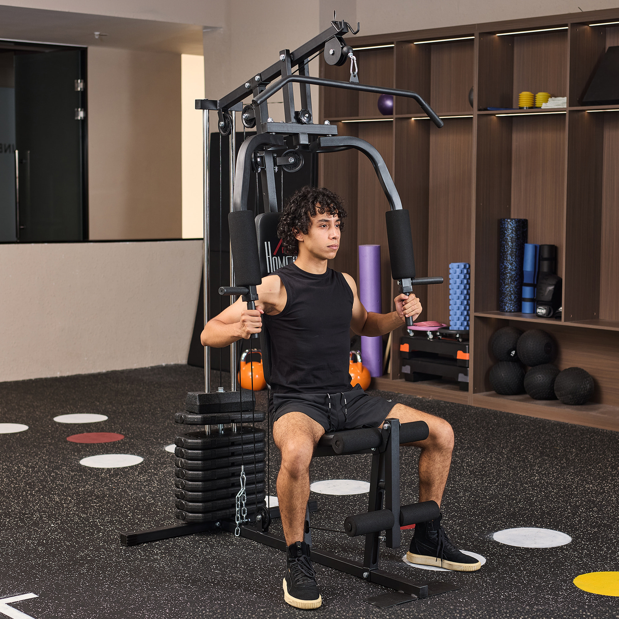 Multiestación Musculación, Máquina de Musculación con Prensa de Pecho, Placas de Peso de 45 kg, Curl de Piernas y Polea Mariposa, Carga 100 kg, para Entrenamiento Casa Gimnasio, Negro