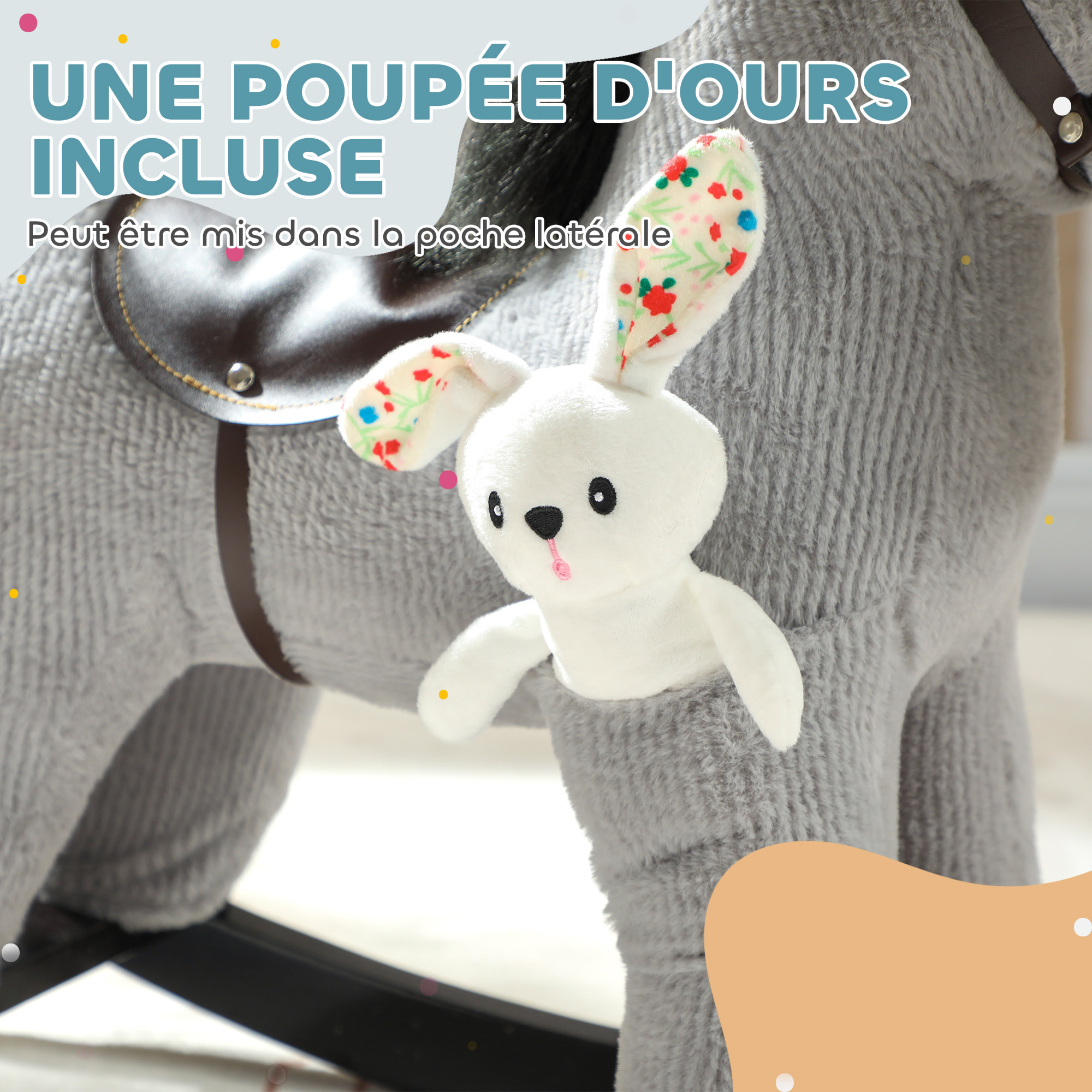 Cheval à bascule enfant +12 mois effets sonores poignées selle doudou aspect velours cotelé gris