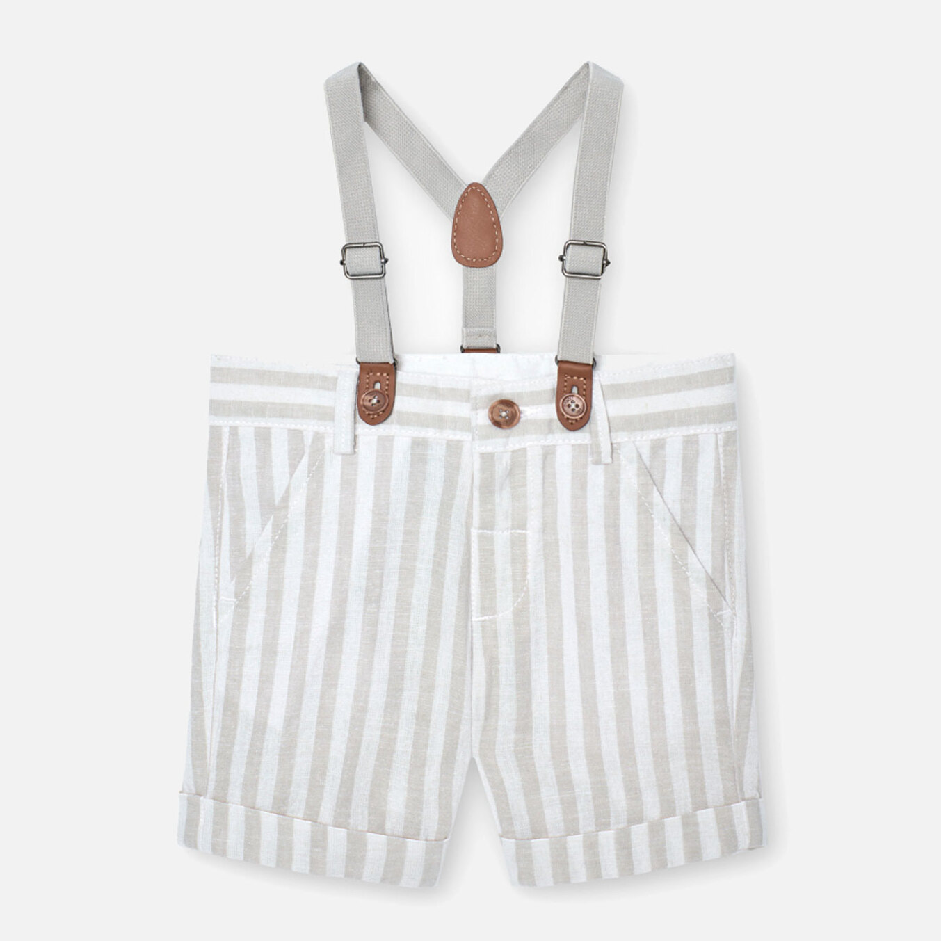 Bermudas, tirantes niÃ±o, lino estampado de rayas, piedra