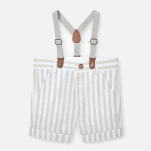 Bermudas, tirantes niÃ±o, lino estampado de rayas, piedra