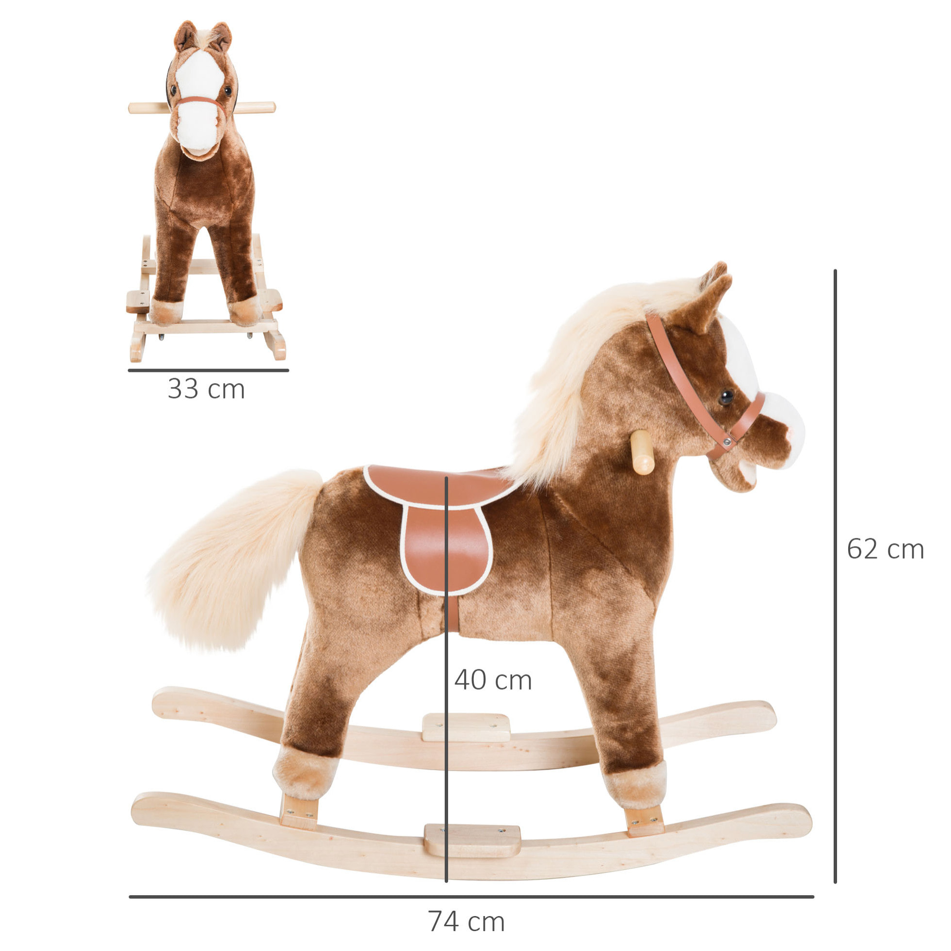 Caballo Balancín para Niños de +3 Años Caballo de Juguete con Asas Marco de Metal y Base de Madera Carga 40 kg 74x33x62 cm Marrón
