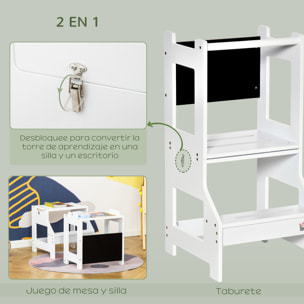 Torre de Aprendizaje para Niños 3-6 Años de Madera Taburete de Cocina Infantil Convertible en Escritorio con Pizarra Pedal y Barra de Seguridad para Baño 42x44x86 cm Blanco