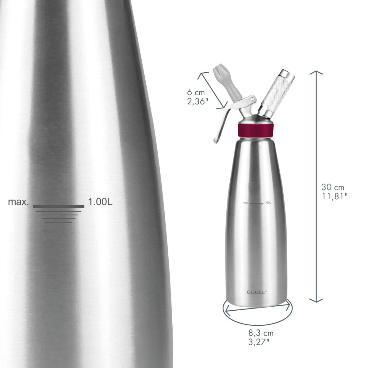 Siphon professionnel inox GOBEL - cuve inox - tête inox - 1L