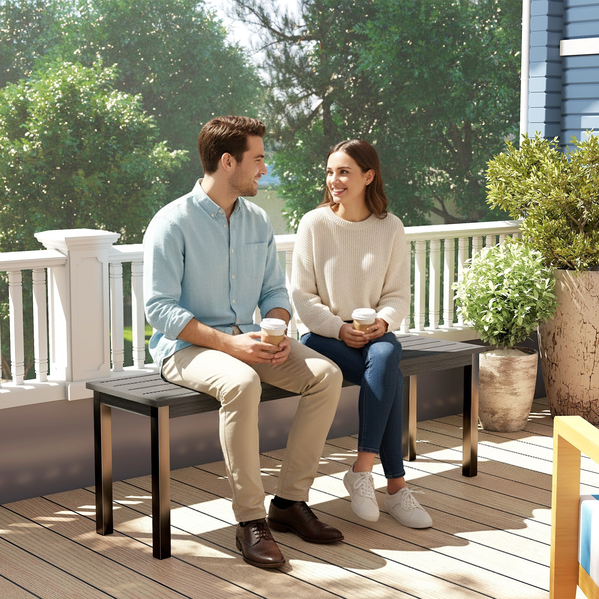 Banc de jardin 2 places lattes effet bois métal gris