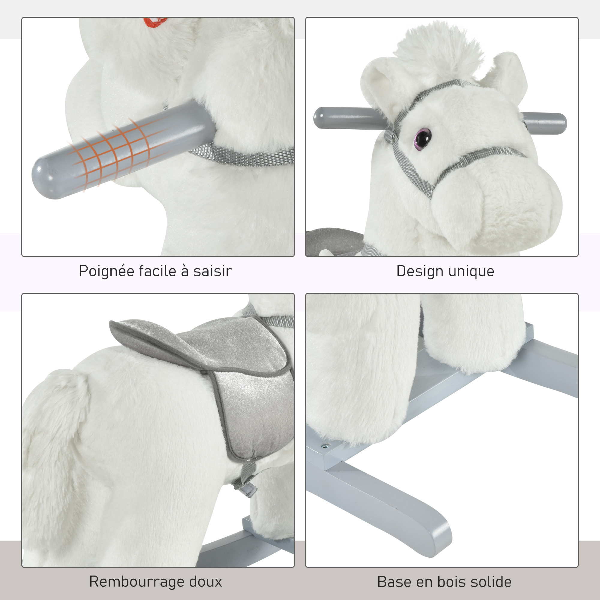 Cheval à bascule - effets sonores, peluche ourson inclus - poignées structure bois peuplier gris peluche courte douce blanc